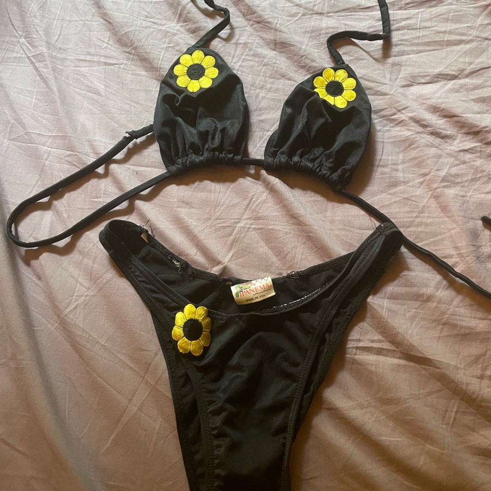 Vintage Black Bikini with Yellow Flower Accents